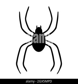 Black silhouette spider isolated on white background. Poisonous and scary insect. Hand-drawn vector illustration in doodle style. Perfect for Halloween designs. Stock Vector