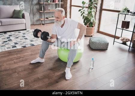 Full size photo of handsome focused concentrated mature man exercising lifting dumbbell bodybuilding at home house Stock Photo