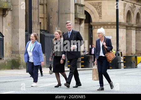 Manchester, UK – Monday 4th October 2021 – Conservative MP Jacob Rees-Mogg outside the Conservative Party Conference in Manchester. Photo Steven May / Alamy Live News Stock Photo