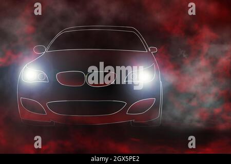 The contour of the car on a dark background. Abstract illustration of a car. Car and smoke Stock Photo