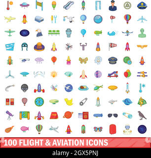 100 flight and aviation icons set, cartoon style Stock Vector