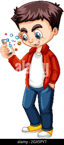 Boy in red shirt using smart phone cartoon character isolated on white background Stock Vector