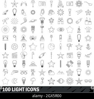 100 light icons set, outline style Stock Vector