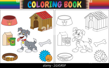 Coloring book with dog and toys Stock Vector