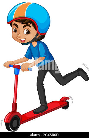Boy riding on scooter on white background Stock Vector
