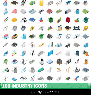 100 industry icons set, isometric 3d style Stock Vector