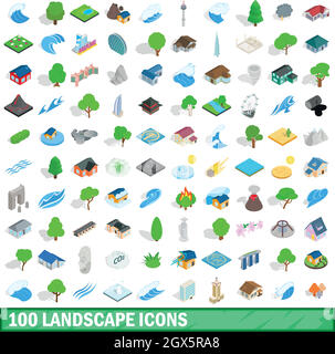 100 landscape icons set, isometric 3d style Stock Vector