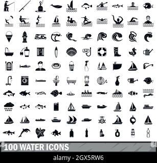 100 water icons set in simple style Stock Vector