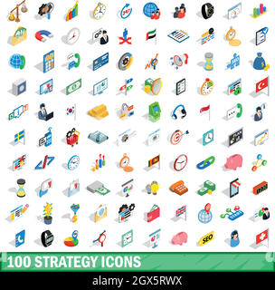 100 strategy icons set, isometric 3d style Stock Vector