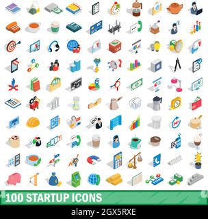 100 startup icons set, isometric 3d style Stock Vector