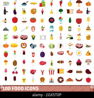 100 food icons set, flat style Stock Vector