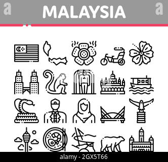 Malaysia National Collection Icons Set Vector Stock Vector