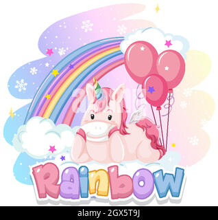 Font design for word rainbow with cute unicorn and pink balloons Stock Vector