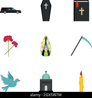 Funeral icons set, flat style Stock Vector