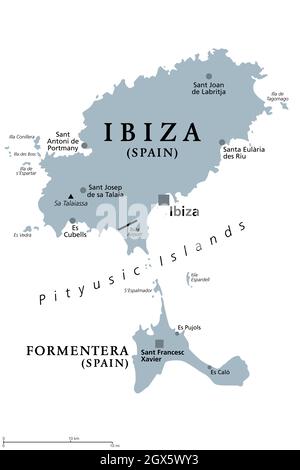 Ibiza and Formentera Island, Spain, gray political map. Pityusic Islands, also known as Pine Islands, part of Balearic Islands, archipelago of Spain. Stock Photo