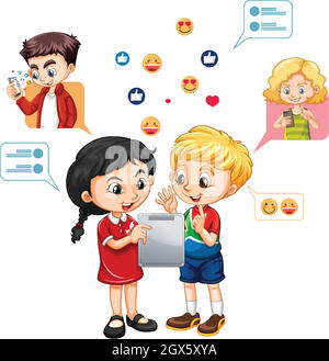 Two kids learning on tablet with social media emoji icon cartoon style isolated on white background
