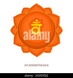 easy to edit vector illustration The second Swadhisthana chakra with the Hindu Sanskrit seed mantra Vam . Orange is a flat-style symbol Stock Vector