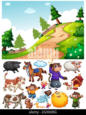 Nature park scene with isolated cartoon character and objects Stock Vector