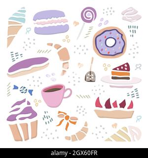 Hand drawn creative sweets design set. Doodle style vector illustration for graphic and web design Stock Vector