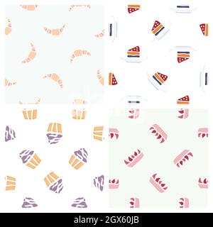 Hand drawn seamless pattern collection. Vector sweets textures isolated on colored background. For wallpaper, packaging, posters, cards or other desig Stock Vector