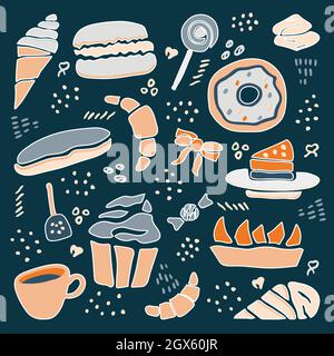 Hand drawn creative sweets design set. Doodle style vector illustration for graphic and web design Stock Vector