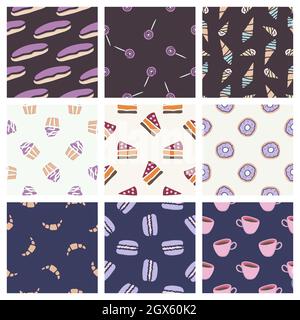 Hand drawn seamless pattern collection. Vector sweets textures isolated on colored background. For wallpaper, packaging, posters, cards or other desig Stock Vector