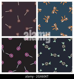 Hand drawn seamless pattern collection. Vector sweets textures isolated on colored background. For wallpaper, packaging, posters, cards or other desig Stock Vector