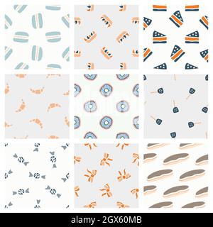 Hand drawn seamless pattern collection. Vector sweets textures isolated on colored background. For wallpaper, packaging, posters, cards or other desig Stock Vector