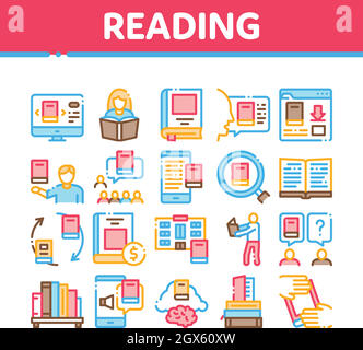 Reading Library Book Collection Icons Set Vector Stock Vector