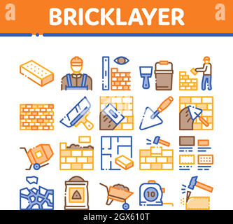 Bricklayer Industry Collection Icons Set Vector Stock Vector