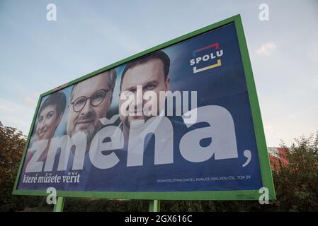 Prague, Czech Republic. 13th Sep, 2021. Election billboard for coalition SPOLU placed on the street of the Prague. On the billboard (from left to right) the leader of coalition Marketa Pekarova Adamova from TOP09 party, Petr Fiala from ODS party and Marian Jurecka from KDU-CSL party. Parliament elections in the Czech Republic will be held on the 7th and 8th of October 2021. (Credit Image: © Tomas Tkacik/SOPA Images via ZUMA Press Wire) Stock Photo