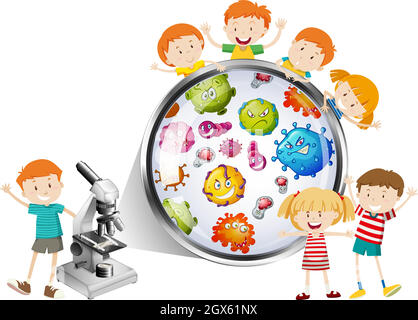 Children looking at bacteria from microscope Stock Vector