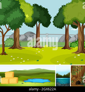 Four different scenes in nature setting cartoon style Stock Vector