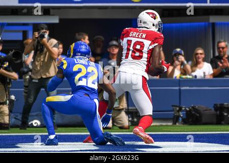 Arizona Cardinals wide receiver A.J. Green (18) catches a touchdown pass  against a Los Angeles Rams denfender during a NFL football game, Sunday,  Nov. 13, 2022, in Inglewood, Calif. The Cardinals defeated