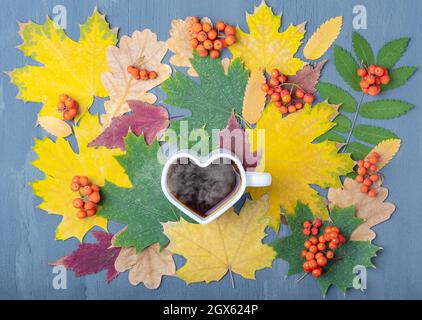 White mug in the shape of a heart with steaming coffee or tea on a background of autumn fallen dry colorful leaves and orange rowan berries. Autumn bl Stock Photo