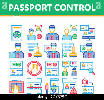 Passport Control Check Collection Icons Set Vector Stock Vector