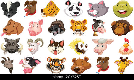 Set of different cute cartoon animals head huge isolated on white background Stock Vector