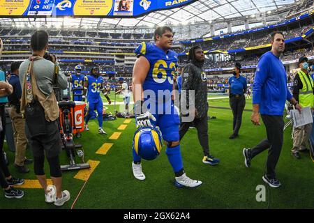 Inglewood, United States. 03rd Oct, 2021. Los Angeles Rams' offensive guard  Austin Corbett (63) lifts Los Angeles Rams' wide receiver Van Jefferson  (12) in celebration after Jefferson's touchdown during the first half