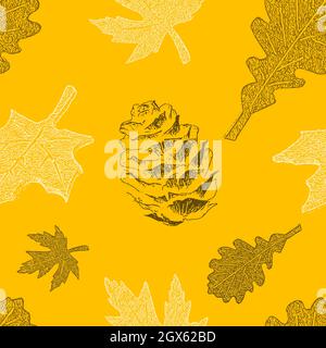 Seamless pattern of beautiful oak and maple autumn leafs and pine cones white and black illustration on yellow  with copy space. Autumn seasonal backd Stock Photo