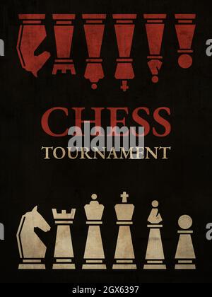 Chess Tournament Poster Design. Red and White outline pieces on black  background with piece name in typography. Old Vintage Style. Illustration  Artwor Stock Photo - Alamy