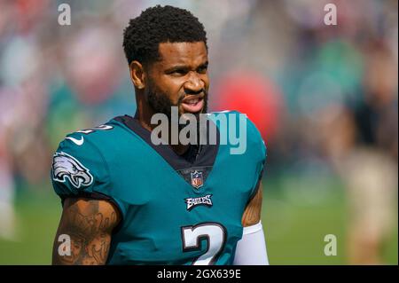 Philadelphia, Pennsylvania, USA. 21st Nov, 2021. Philadelphia Eagles  cornerback Darius Slay (2) looks on as he heads into the locker room during  the NFL game between the New Orleans Saints and the