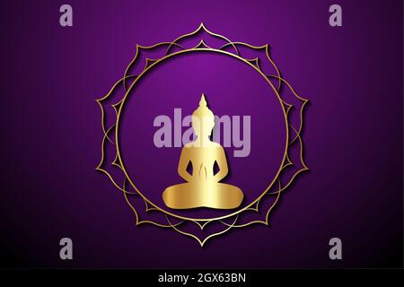 Gold Buddha silhouette in lotus position, Sacred lotus round logo template. Buddhism esoteric motifs, spiritual yoga. Golden Mandala Vector isolated Stock Vector