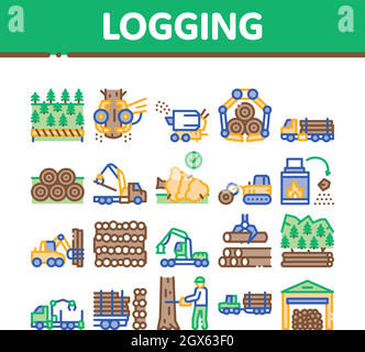 Wood Logging Industry Collection Icons Set Vector Stock Vector