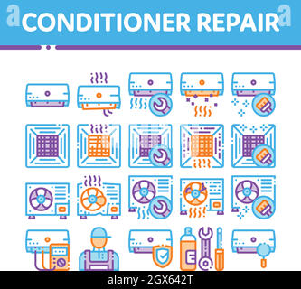 Conditioner Repair Vector Thin Line Icons Set Stock Vector