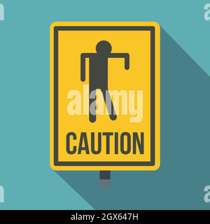 Yellow caution zombie sign icon, flat style Stock Vector