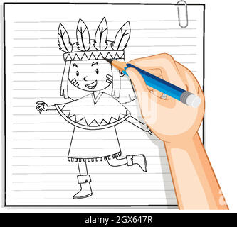 Hand drawing of girl in native american costume outline Stock Vector