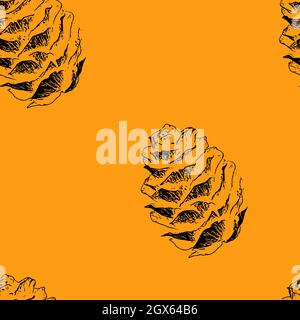 Seamless pattern of pine cones black illustration different sizes on orange background. Winter holidays and autumn concept for postcards and gift pape Stock Photo