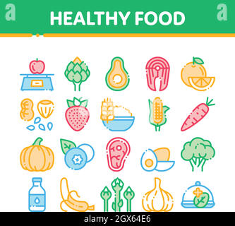 Collection Healthy Food Vector Thin Line Icons Set Stock Vector