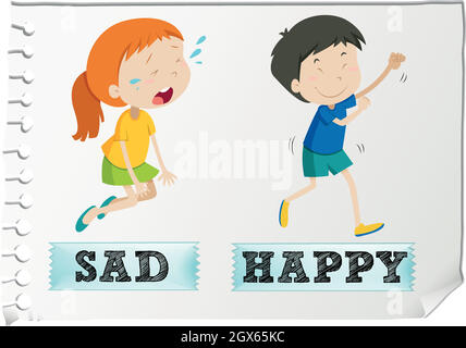 Opposite adjectives with sad and happy Stock Vector