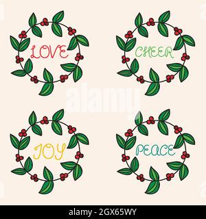 Hand Drawn Christmas decoration. Holiday elements, wreath, vintage ornaments. Winter New Year Party. Colored doodles. Stock Vector